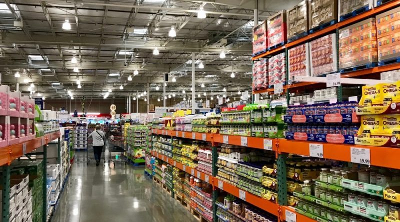 Food warehouse with shelves full of stock