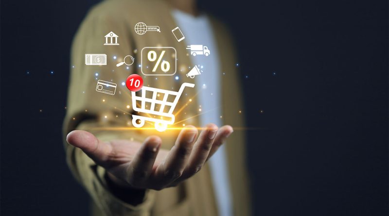 Computer generated image of a man with different ecommerce icons in his hand to support automation technologies in retail article