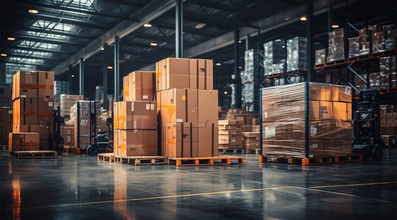 Digital image of a warehouse with large packaging boxes stacked on top of each other to support product distribution article