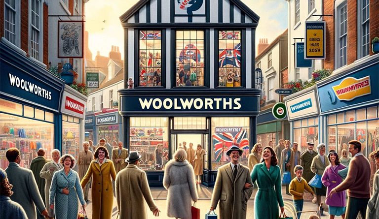 Digital image of an old-fashioned Woolworths store front on a high street surrounded by shoppers