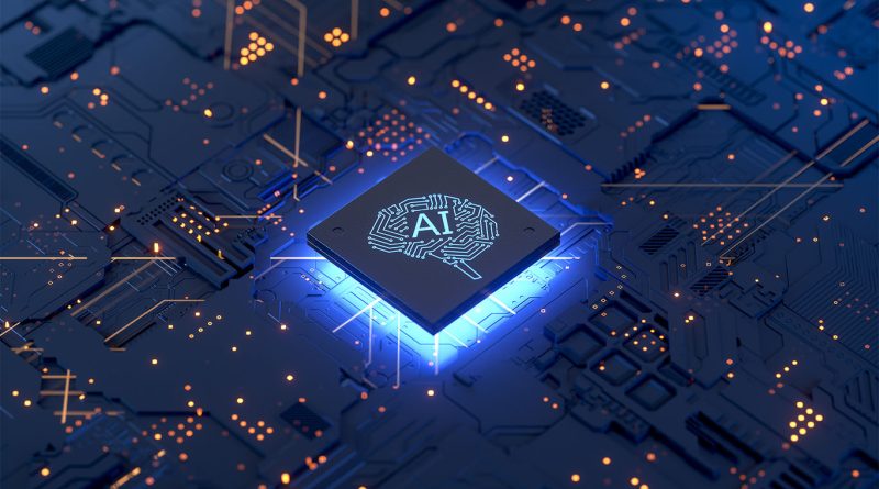 Digital image of a computer motherboard with an AI chip in the middle to support Amazon AI article