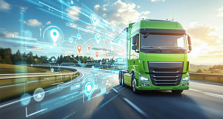 Innovative green truck with futuristic digital navigation on highway