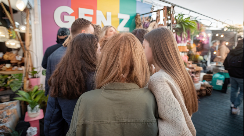 A group of young shoppers crowds around a vibrant Gen Z-themed pop up shop filled with plants, handmade goods, and decorative lighting.