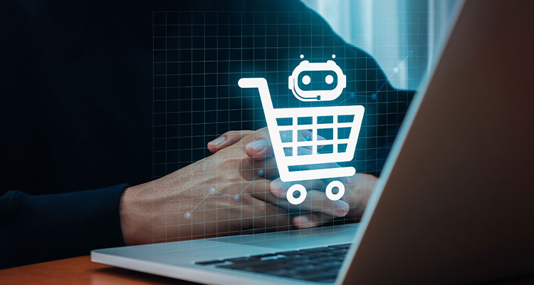 a shopping cart combined with a robot head icon