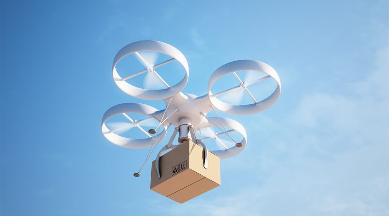 A delivery drone in mid-flight over a suburban neighborhood during daytime
