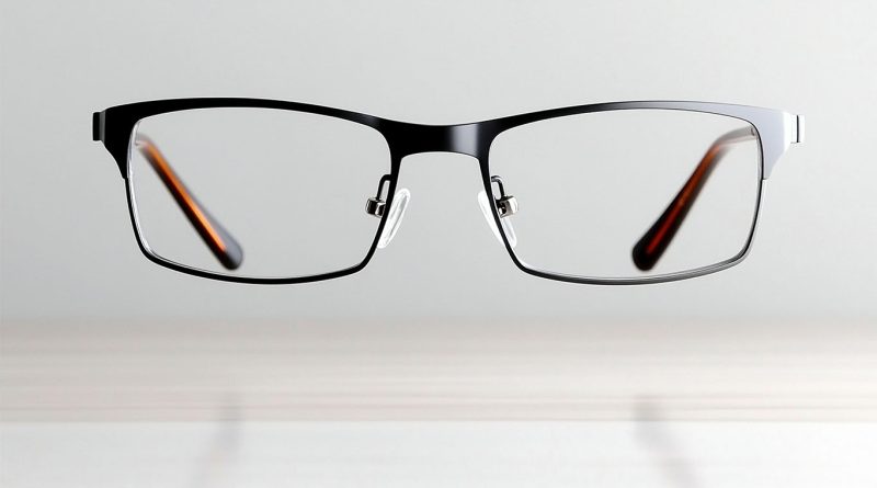 Pair of modern black framed affordable glasses on white background