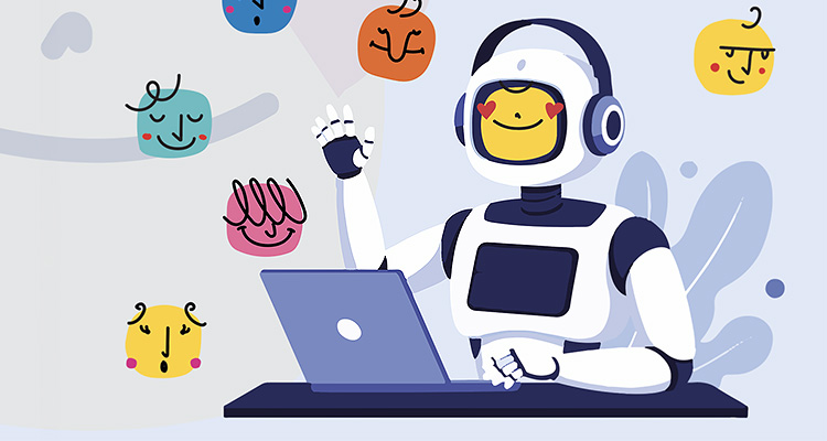 s an illustration of a robot using a laptop, surrounded by floating emojis