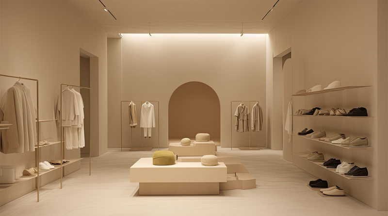 Minimalist luxury retail showroom with monochromatic sand-colored walls, arched doorways, and gold clothing racks.